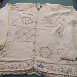 Nuggets Lg Long Sleeve cotton blend Embroidered/Crocheted Sweater Cottagecore